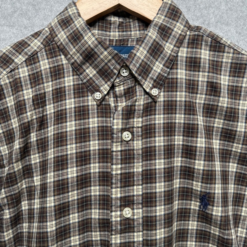 Ralph Lauren Mens Classic Fit Plaid Button Down Shirt Brown Blue Cotton Size M